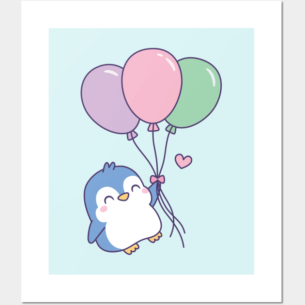 Cute Little Penguin Flying With Balloons Wall Art by rustydoodle